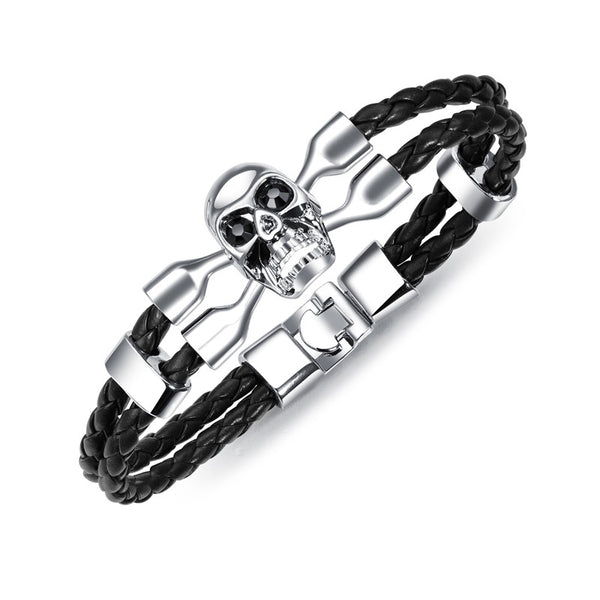 Trendy Handmade Skull Cuff Bracelet Ethnic Two Layer Leather Bracelets Vintage Jewerly For Men