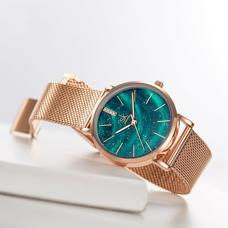 SHENGKE SK K0103 Aurora Starry Dial Crystal Women Elegant Mesh Steel Strap Quartz Watch