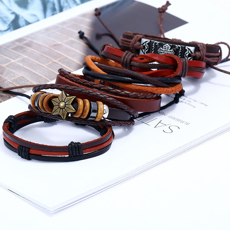 6Pcs Punk Retro Personality Cowhide Diy Woven Multi-layer Bracelet