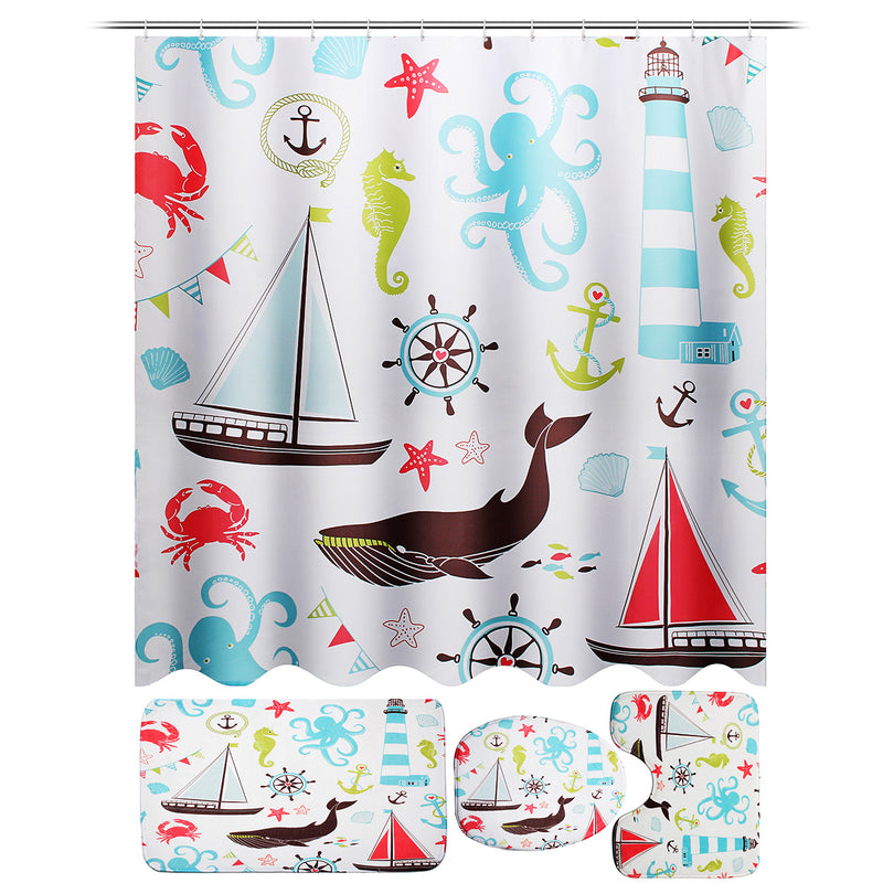 Marine Animal Bathroom Shower Curtain Toilet Cover Bath Mat Non-Slip Rug Set