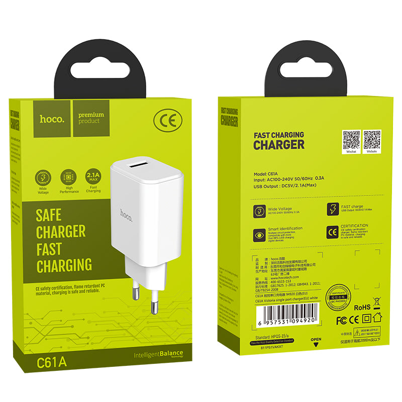 HOCO C61A 2.1A EU Plug Smart USB Charger for Samsung Xiaomi for iPhone Huawei