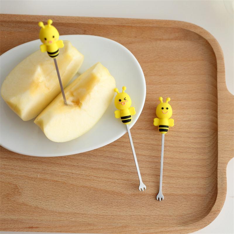 6 Pcs Silicone Bee Fruit Forks Mini Cartoon Animal Stainless Steel Salad Dessert Fruit Fork Picks