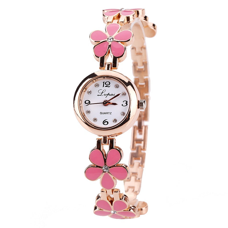 LVPAI XR694 Rose Gold Case Ladies Watch 3D Flower Quartz Bracelet Watch