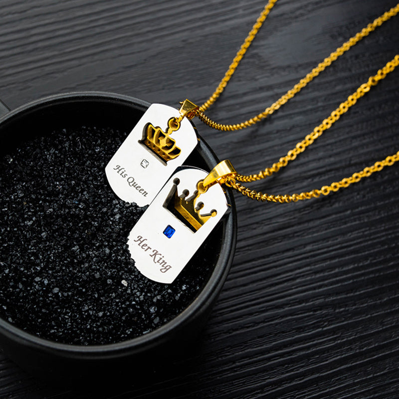 Her King His Queen Crown Couple Square Titanium Steel Necklace