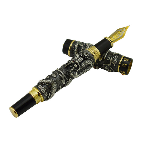 Jinhao Vintage Fountain Pen Double Dragon Playing Pearl 3D Embossed Pen Gray