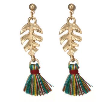 Vintage Ear Drop Earring Gold Leaf Fabric Colorful Tassels Charm Earrings Ethnic Jewelry for Women
