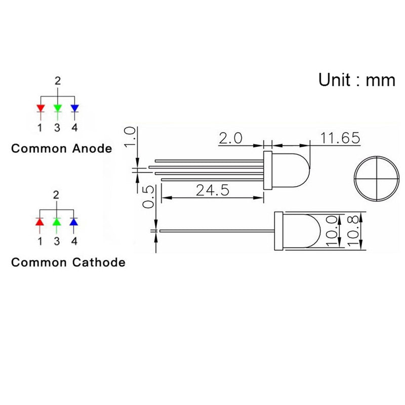 50PCS 10mm Frosted RGB Common Cathode Diffused Tricolor 20mA 2V Wide Angle 4Pin Round LED Diode Bulb