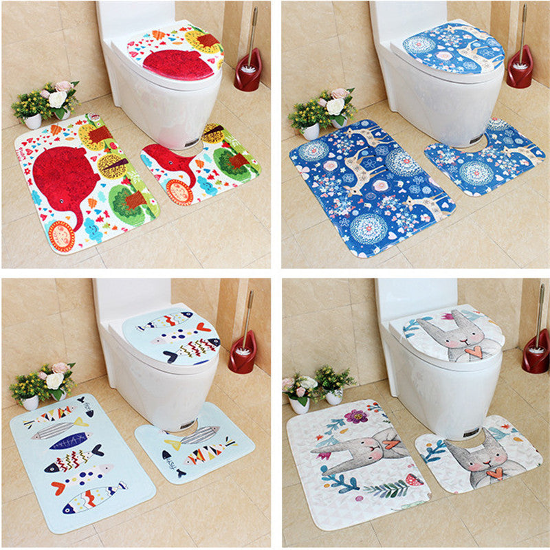 3Pcs Bathroom Cartoon Flannel Toilet Pad Digital Printed PVC Latex Bottom Anti-slip Floor Mat Set