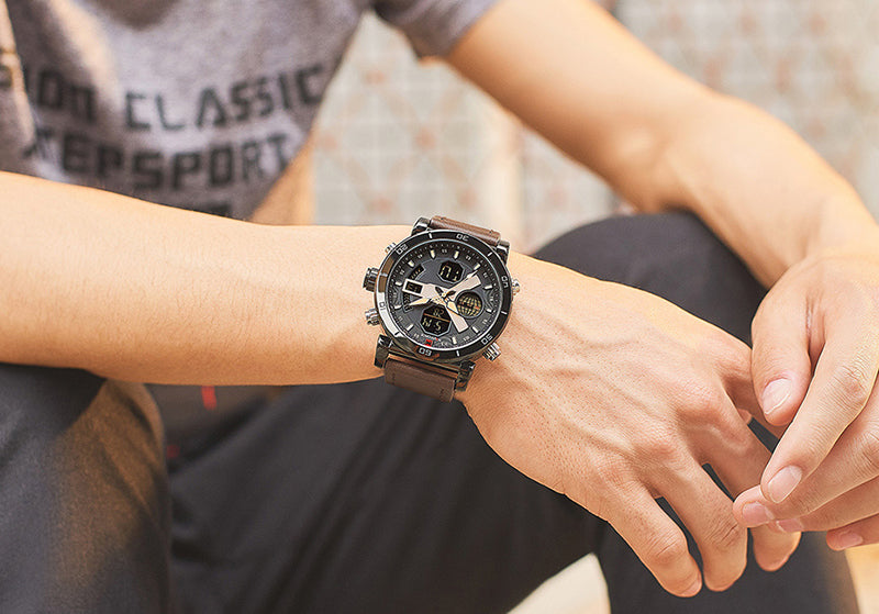 NAVIFORCE 9132 Dual Display Digital Watch Men Luminous Calendar Watch Leather Strap Watch