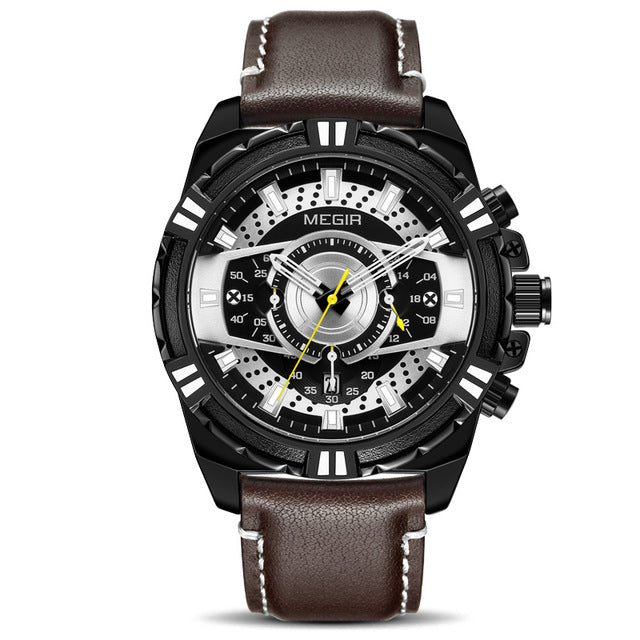 MEGIR 2118 Sports Style Complete Calendar Chronograph Waterproof Leather Quartz Watch Men Wristwatch