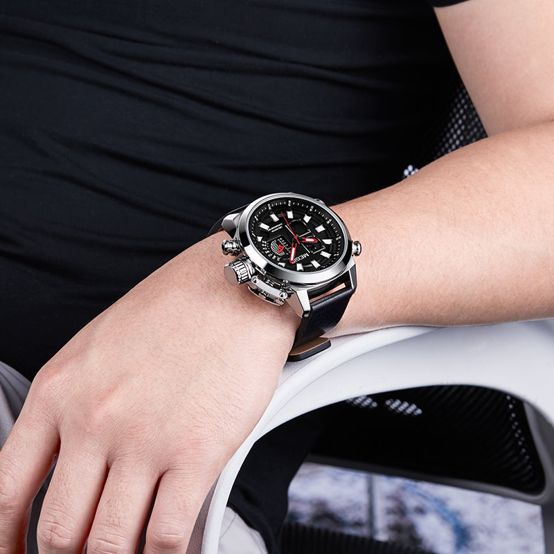MEGIR 2090 Fashion Men Digital Watch Chronograph Luminous Display Waterproof Leather Strap Dual Display Watch