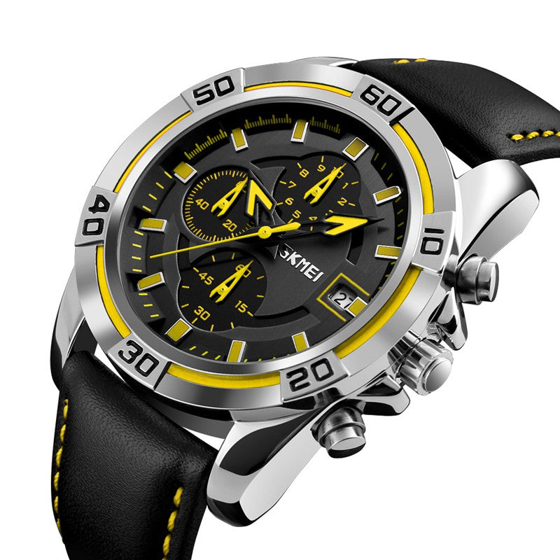 SKMEI 9156 Sport Watch Chronograph Leather Strap Waterproof Men Quartz Wrist Watch