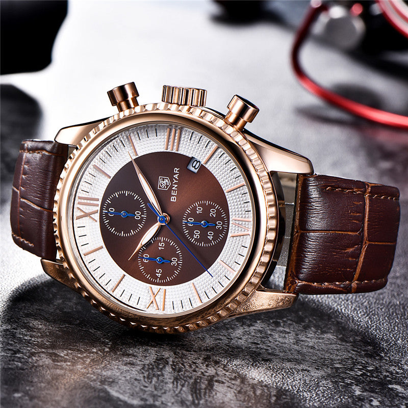 Benyar 5129X Business Men Watch 3ATM Waterproof Luminous Display Calendar Quartz Watch