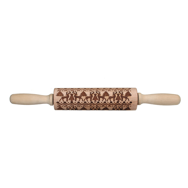 Christmas Elk Print Rolling Pin Engraved Rolling Pin Wooden Embossing Embossed Baking Tools