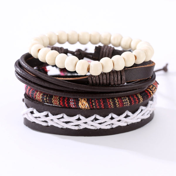 Punk Braided Leather Bracelet Adjustable White Beaded Bracelet for Men