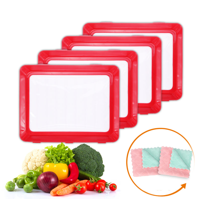 Creative Stackable Food Preservation Tray Reusable Vacuum Preservation Tray Cover w/ Elastic Lid for Vegetable Fruit w/ 2 Dish Towels