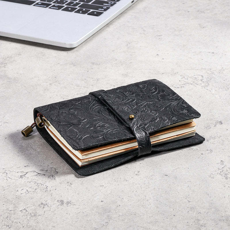 Indra Handmade Medium Embossed Stitched Leather Diary Notebook Journal