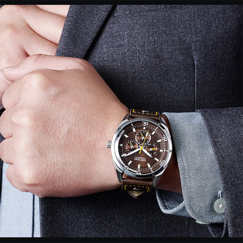 MEGIR ML2072G Men Watch Luminous Display Calendar Watch Leather Sport Style Quartz Wristwatches