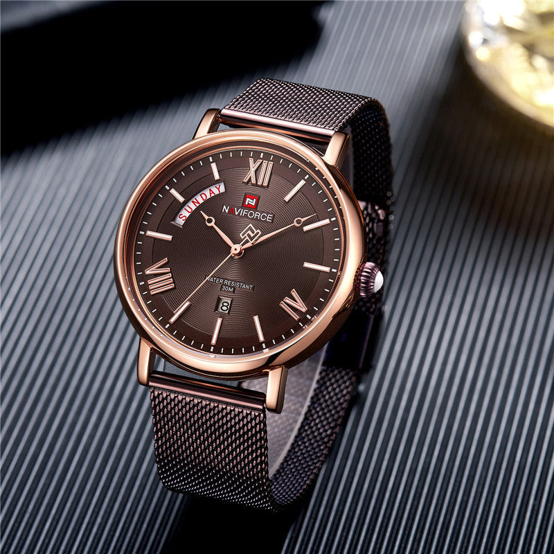 NAVIFORCE 3006 Mesh Steel Band Calendar Quartz Watch Casual Waterproof Men Wrist Watch