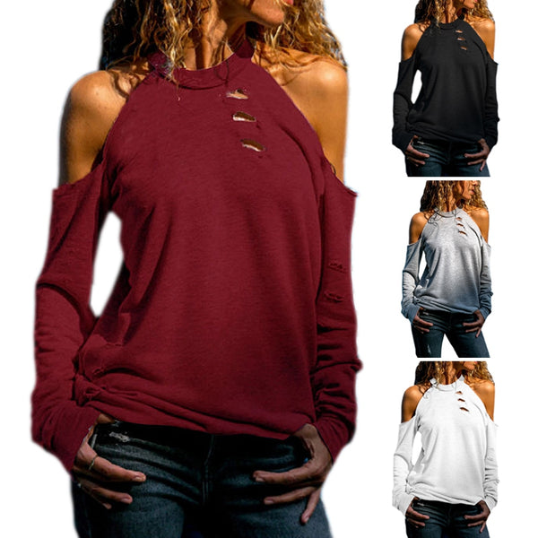 Spring Tops Women Off Shoulder O-Neck Top T-Shirt Fashion Hollow Out Long S R6T4