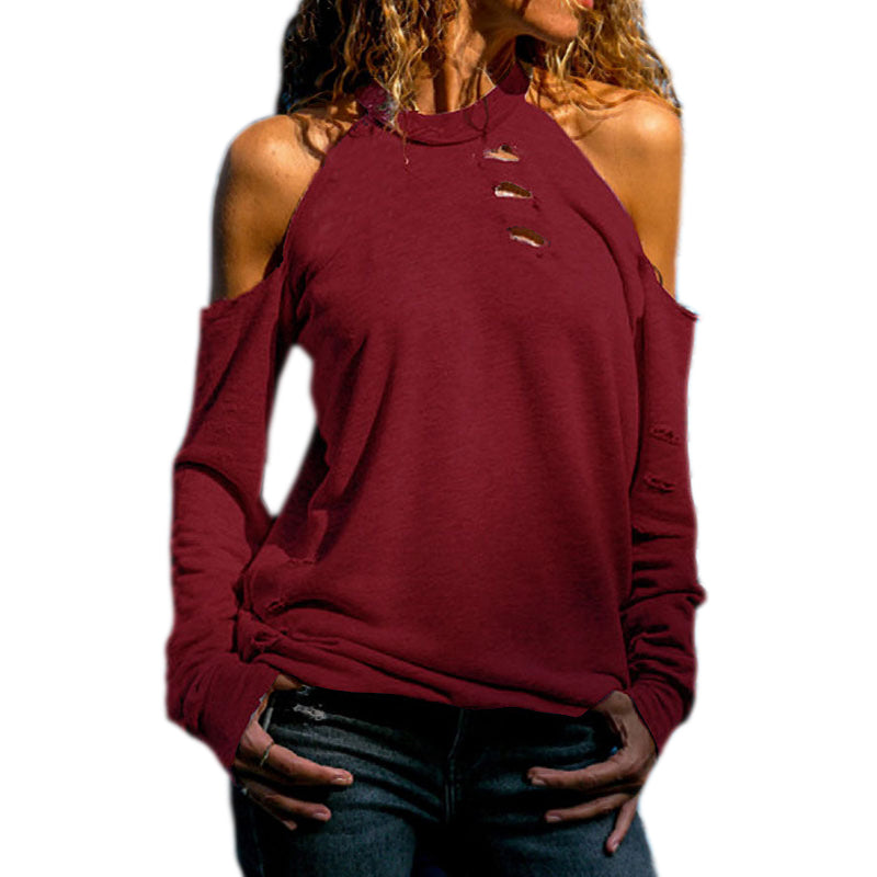 Spring Tops Women Off Shoulder O-Neck Top T-Shirt Fashion Hollow Out Long S R6T4