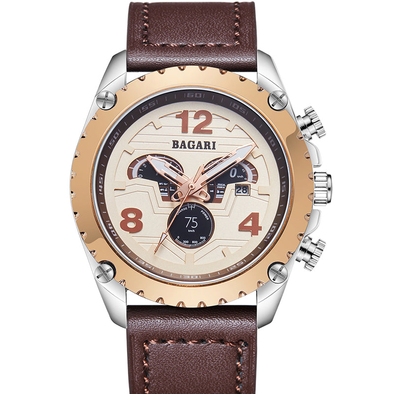 BAGARI 8007P Genuine Leather Watch Band Quartz Watch Calendar Casual Style Men Watch