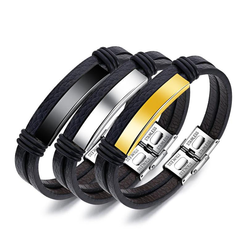 Double Black Stainless Steel Men's Leather Bracelet