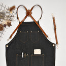 Denim Bib Apron Leather Strap Barista Baker Work Uniform Bartender Bbq Chef