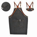 Denim Bib Apron Leather Strap Barista Baker Work Uniform Bartender Bbq Chef