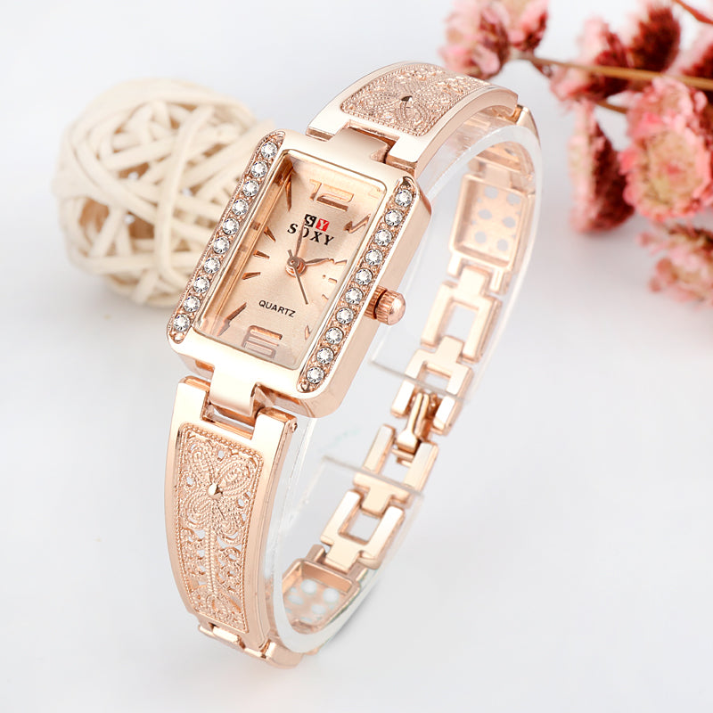 SOXY 0123 Rose Gold Case Rectangle Dial Design Ladies Bracelet Watch Fashion Style Quartz Watch