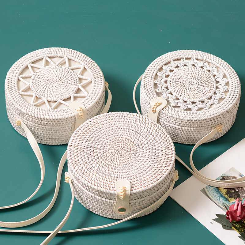 New White Round Rattan Bags For Women Boho Beach Crossbody Bag Straw Handma B4A9