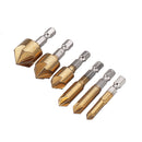 Drillpro 6-19mm Countersink Drill Bit with Automatic Center Pin Punch 5 Flutes Hex Shank Titanium Coated Chamfer Cutter Set