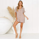 Summer Short Sleeve Jumpsuit Linen Button Playsuit Women Solid V-Neck Casua