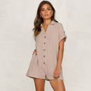 Summer Short Sleeve Jumpsuit Linen Button Playsuit Women Solid V-Neck Casua