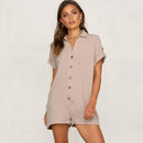 Summer Short Sleeve Jumpsuit Linen Button Playsuit Women Solid V-Neck Casua