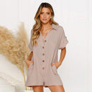 Summer Short Sleeve Jumpsuit Linen Button Playsuit Women Solid V-Neck Casua