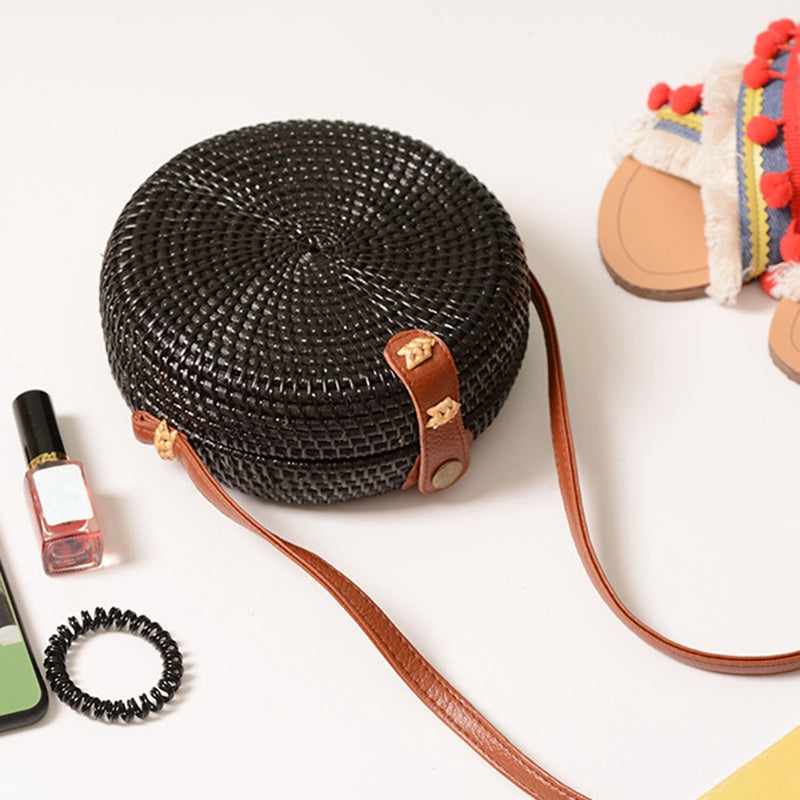 Black Beach Retro Rattan Bag Woven Handmade Ladies Round Sling Straw Bag (C A1D8