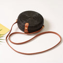 Black Beach Retro Rattan Bag Woven Handmade Ladies Round Sling Straw Bag (C A1D8