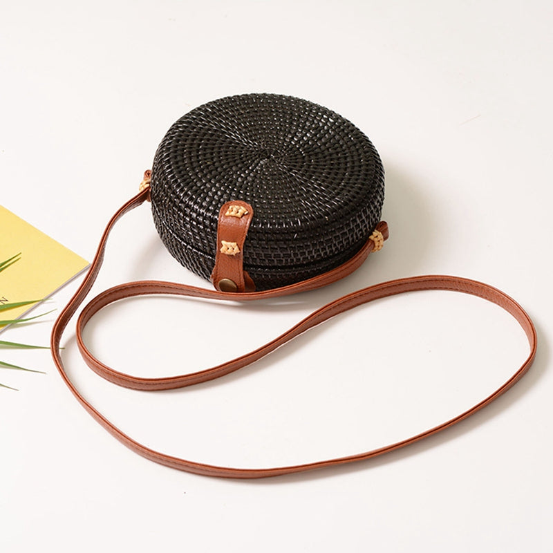 Black Beach Retro Rattan Bag Woven Handmade Ladies Round Sling Straw Bag (C A1D8