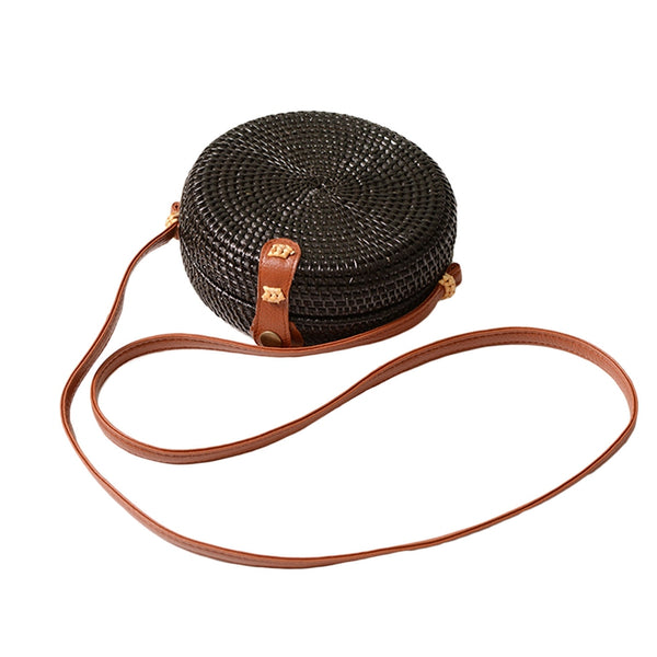 Black Beach Retro Rattan Bag Woven Handmade Ladies Round Sling Straw Bag (C A1D8