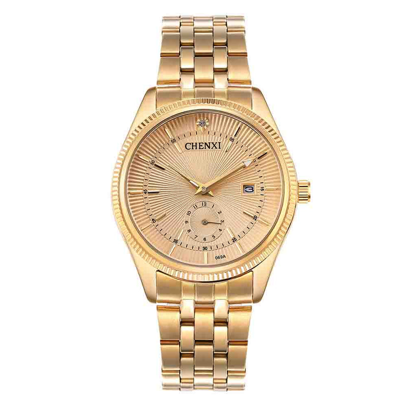 CHENXI 069A Calendar Gold Case Casual Men Watches Stainless Steel Strap Quartz Watch