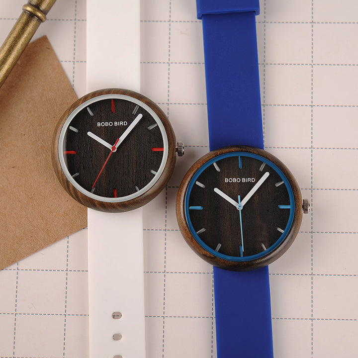 BOBO BIRD R28 Silicone Casual Style Women Wrist Watch Wooden Case Quartz Watches