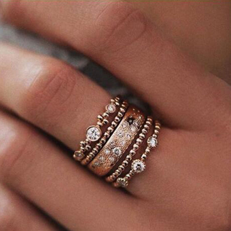 Rose Gold Stackable Ring Set Metal Geometric Rhinestone Inlay Ring