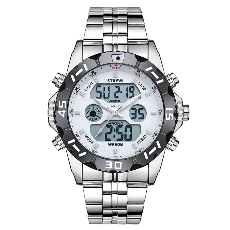 STRYVE S8011 Chronograph Alarm Calendar Stainless Steel Sport Dual Display Digital Watch