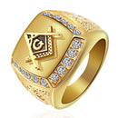 Fashion Gold Titanium Steel Finger Ring Rhinestone Free-Mason Logo Jewelry Gift for Men