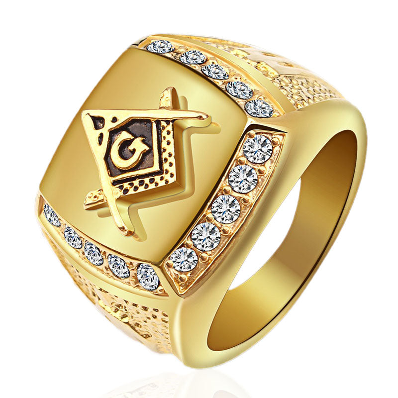 Fashion Gold Titanium Steel Finger Ring Rhinestone Free-Mason Logo Jewelry Gift for Men