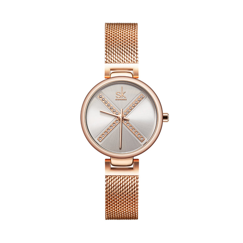 SHENGKE SK K0102 Crystal X Pattern Full Steel Strap Women Business Quartz Watch