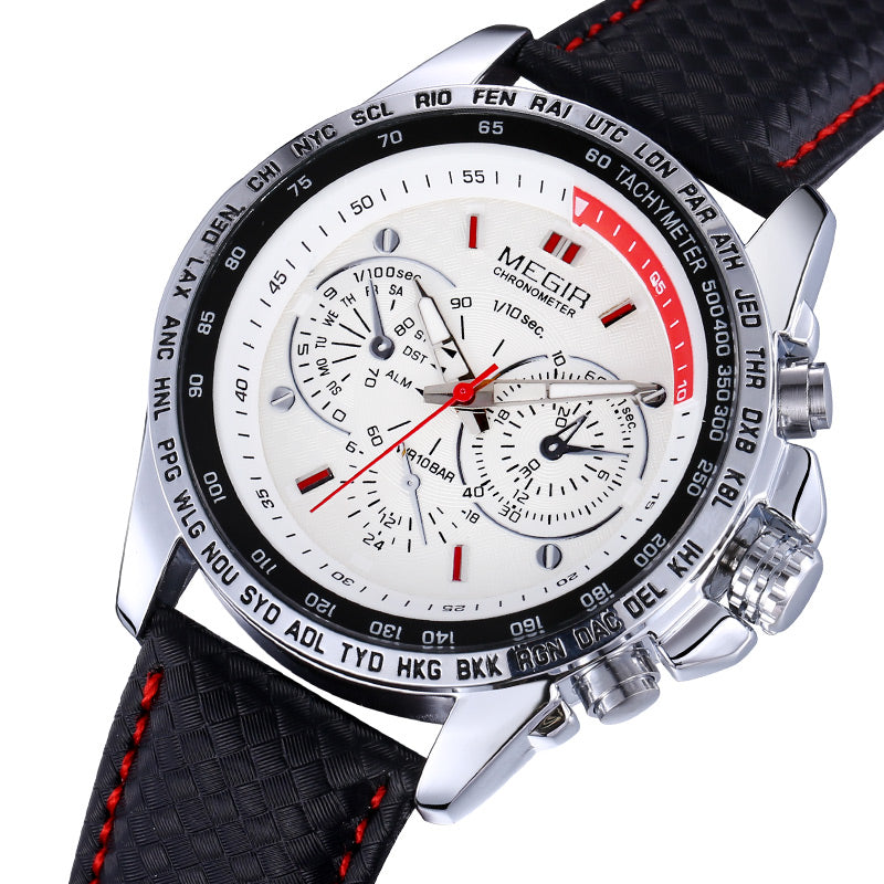 MEGIR 1010 Brand Men Watch Alloy Case Leather Strap Lumious Male Sport Casual Quartz Wrist Watch