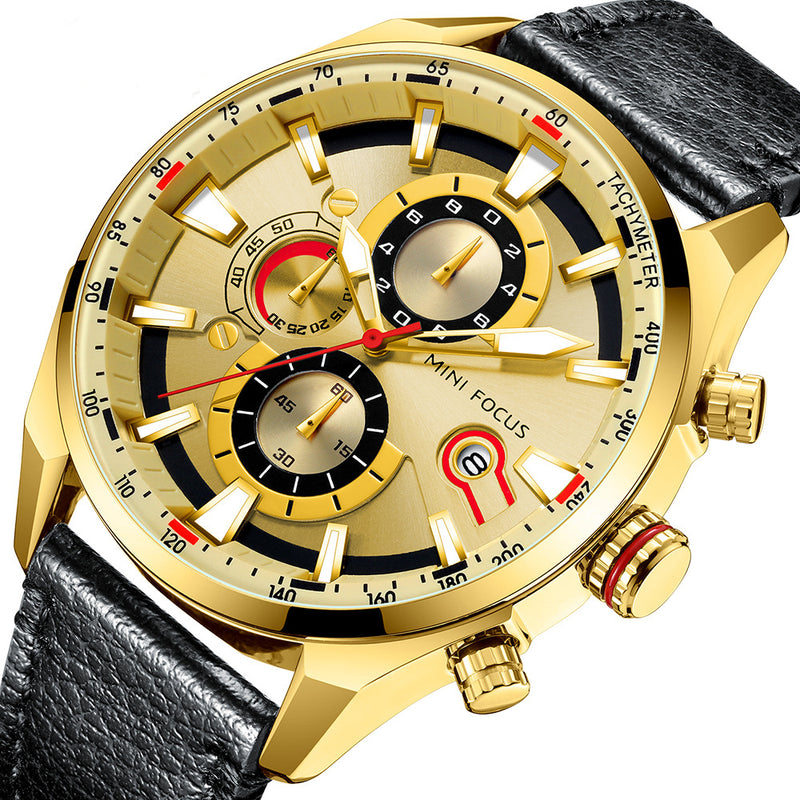 MINIFOCUS 0202G Fashion Business Men Watch Waterproof Leather Strap Large Dial Male Quartz Watch