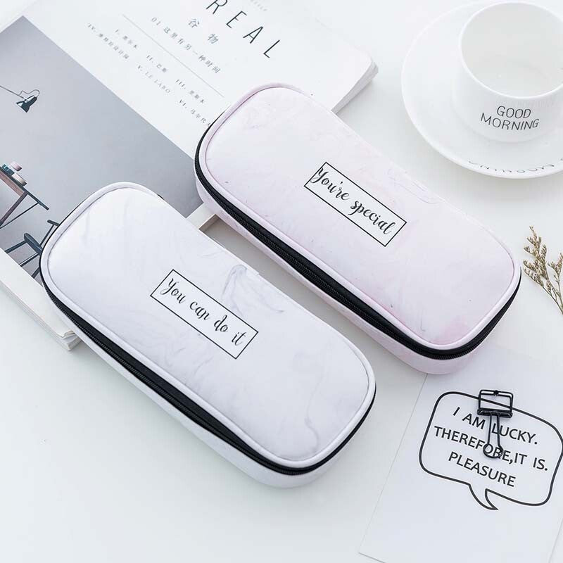 QSND 1 Piece Cute Marble Pattern Pencil Bag Box PU Leather Pencil Case Waterproof Stationery Pouch Office School Supplies